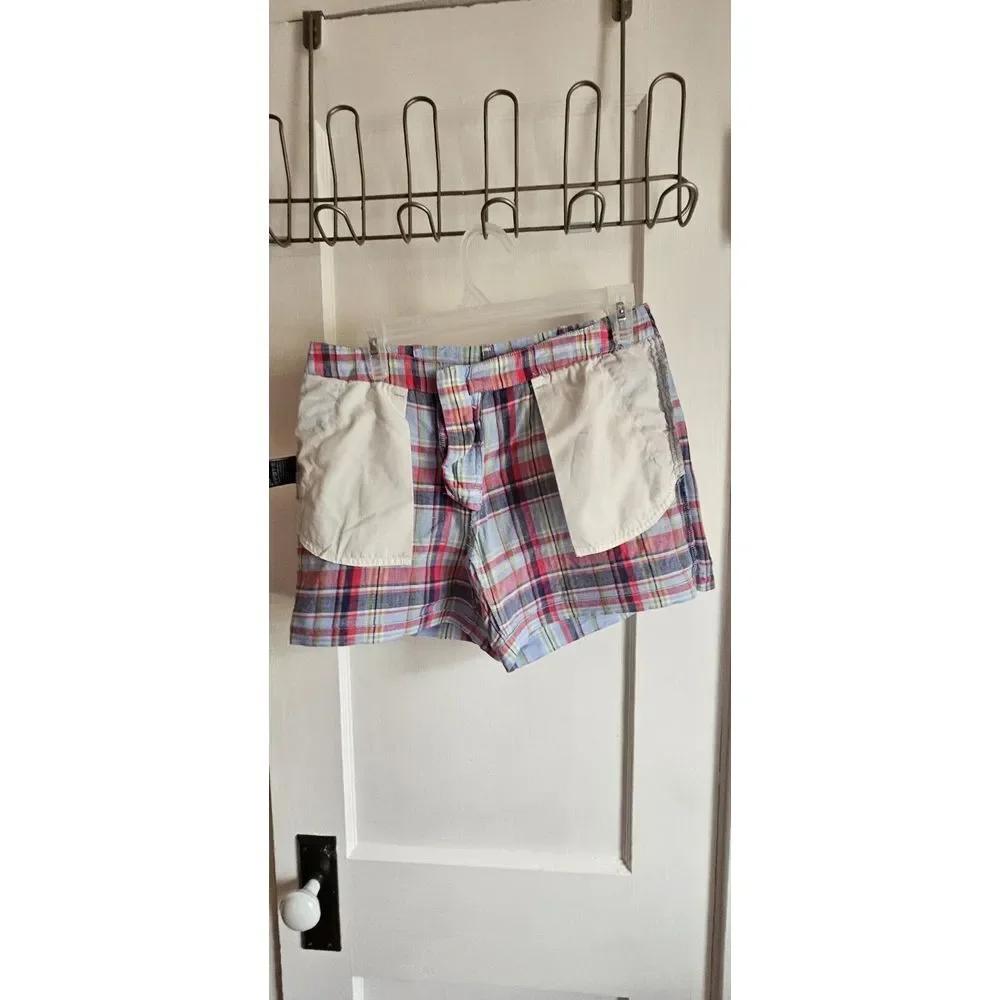 Ralph Lauren Sport Size 4 Women's Linen Flat Front‎ Multicolor Plaid Shorts Red